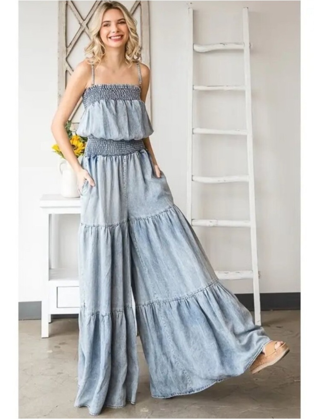 New: Oli & Hali Mineral Washed Smoked Ruffle Wide Leg Jumpsuit• Large